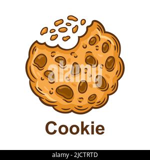 Bitten chocolate chip cookie. Oatmeal biscuit dessert. Web cookies tracking, internet  protect website user data security. Bite crunchy pastry. Vector Stock Vector