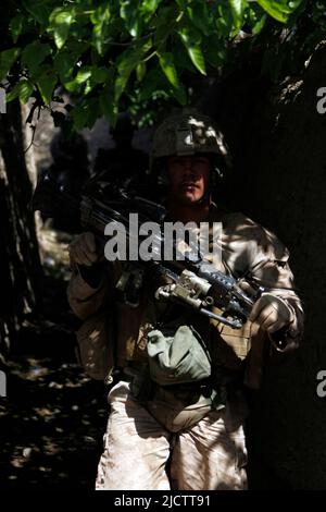U.S. Marines with 1st Battalion, 8th Marine Regiment (1/8), Regimental Combat Team 6, patrol down an alley in the village of Payawak, Helmand province Stock Photo