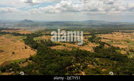 Aerial drone of Valley with agricultural land surrounded by forest. Sri Lanka. Stock Photo