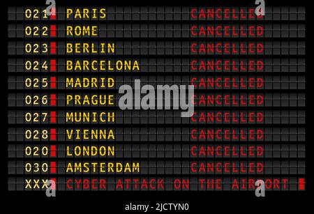 airport information display with cyber attack warning message, cancelled and delayed flights, vector illustration Stock Vector