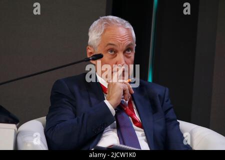 Saint Petersburg, Russia. 15th June, 2022. Andrei Belousov, First Deputy Prime Minister of the Russian Federation at a session 'New SME Strategy: Challenges, Opportunities, and Solutions' in the framework of St. Petersburg International Economic Forum 2022 (SPIEF 2022). Credit: SOPA Images Limited/Alamy Live News Stock Photo