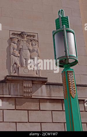 Historic Mersey Tunnel exhaust lamp, with art-deco carving, Pier Head Liverpool, Merseyside, England, UK, L3 1HN Stock Photo