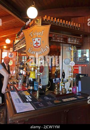 Bar at the Liverpool Ship and Mitre real ale Pub, maritime themed bar serving area and Belgian Tripel Karmeliet beer logo, L2 Stock Photo