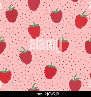 Cute pink and red raspberry seamless vector pattern. Sweet berry illustration. Fun repeat surface pattern print for spring and summer textiles. Stock Vector
