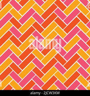 Pink, orange and yellow rectangle tiles in a herringbone pattern. Fun, vibrant, modern, abstract geometric design. Seamless background texture print. Stock Vector