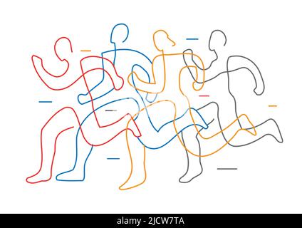 Running race, jogging, line art stylized. Illustration of group of running racers. Continuous line drawing design. Isolated on white background. Stock Vector