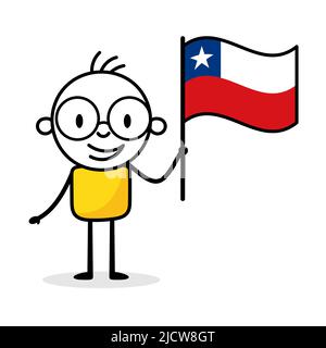 Man holding flag of Chile isolated on white background. Hand drawn doodle line art man. Concept of country. Vector stock illustration Stock Vector