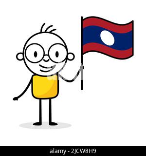 Man holding flag of Laos isolated on white background. Hand drawn doodle line art man. Concept of country. Vector stock illustration Stock Vector