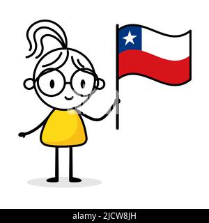 Woman holding flag of Chile isolated on white background. Hand drawn doodle line art man. Concept of country. Vector stock illustration Stock Vector