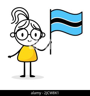 Woman holding flag of Botswana isolated on white background. Hand drawn doodle line art man. Concept of country. Vector stock illustration Stock Vector