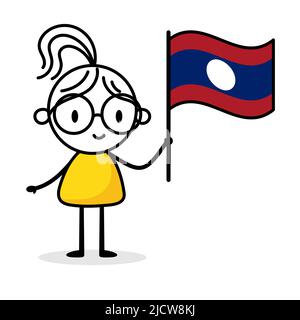 Woman holding flag of Laos isolated on white background. Hand drawn doodle line art man. Concept of country. Vector stock illustration Stock Vector