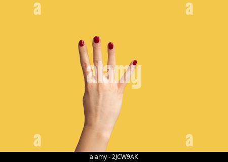 Profile side view closeup of woman hand with red manicure showing number four 4 with hand. Indoor studio shot isolated on yellow background. Stock Photo
