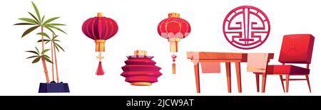 Chinese or japanese restaurant room with furniture for tea ceremony. Vector cartoon illustration of asian traditional red lantern, table, chair and bamboo in pot isolated on white background Stock Vector