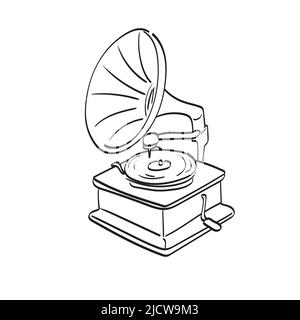 Gramophone illustration vector hand drawn isolated on white background line art. Stock Vector