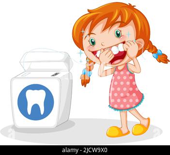 Cute girl cartoon character flossing teeth illustration Stock Vector