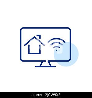 Smart home automated technology control app on monitor. Pixel perfect, editable stroke line art icon Stock Vector