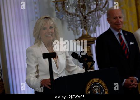 Washington, D.C, June 15, 2022. US First Lady Dr. Jill Biden speaks during an event in the East Room of the White House in Washington, D.C., on Wednesday, June 15, 2022. President Biden signed an executive order on advancing equality for LGBTQI+ individuals during the event. Photo by Ting Shen/Pool/ABACAPRESS.COM Stock Photo