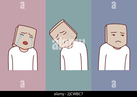 Person head in paper bag suffer from psychological mental problems. Man hide emotions struggling from depression or low self-esteem. Emotional instability. Vector illustration.  Stock Vector