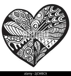 Vector Hand drawn black hearts in zentangle style. Zen doodle Pattern for coloring book. Valentine's day background. Coloring monochrome page for Stock Vector