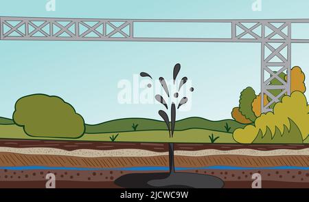Vector illustration with oil fountain splashing from ground layers Stock Vector