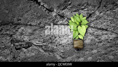 Idea inspiration as a creative environmental concept as a tree sapling shaped as a light bulb or lightbulb growing out of a cement crack. Stock Photo