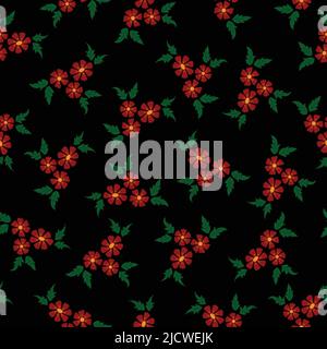 Red flower bunches black background. Vector repeat pattern for fashion fabric allover print, bags embroidery and other textile products. Stock Vector