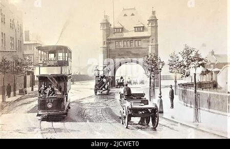 Blackwall Tunnel London with Old London Tram and gatehouse - c1910 Stock Photo