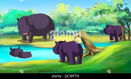 Group of Hippopotamuses near the River in a summer day. Digital painting  cartoon style full color illustration. Stock Photo