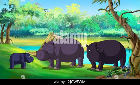 Family of hippos near the river. Mom, Dad and little calf. Digital painting  cartoon style full color illustration. Stock Photo