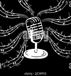 Microphone in doodle style. Silhouettes of microphone and notes vector cartoon illustration on white isolated background. Karaoke. Concept of audio eq Stock Vector