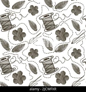 Seamless pattern of thread, needles and embroidery, hand-drawn doodle elements in sketch style. Monochrome black and white palette. Sewing thread, nee Stock Vector