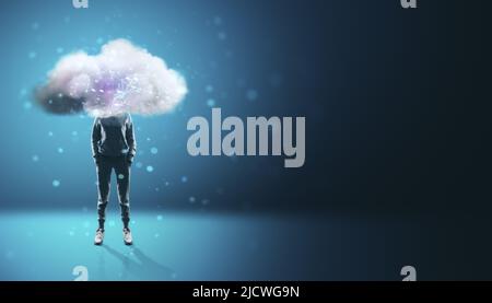 Cloud technology and cloud computing concept with digital white cloud illustration on human shoulders Stock Photo