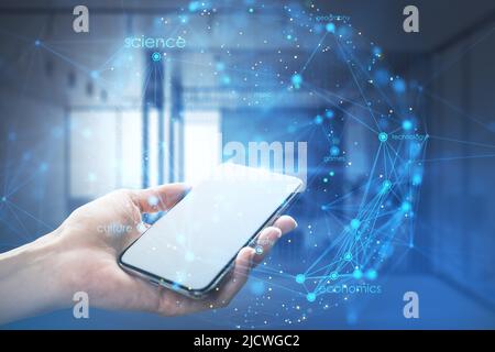 Business technology and mobile cyber space concept with futuristic sphere from abstract digital blue network connections on human hand with modern sma Stock Photo