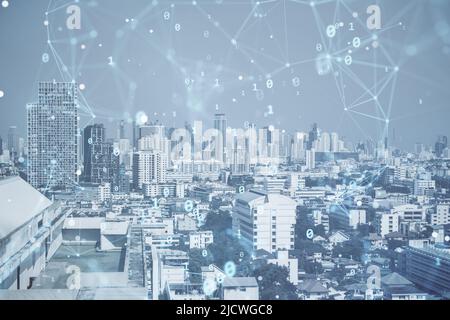 Smart city, urban and internet of things concept with digital binary code matrix background and abstract city on backdrop Stock Photo