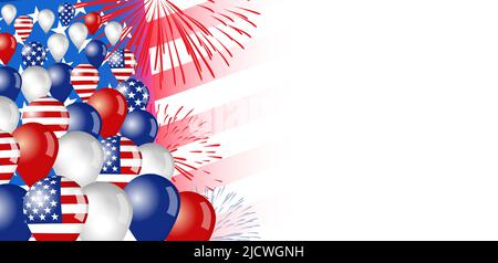 Happy Independence Day background, flying balloons and fireworks. Fourth of July, American greeting card for national holiday. 4th of July vector Stock Vector