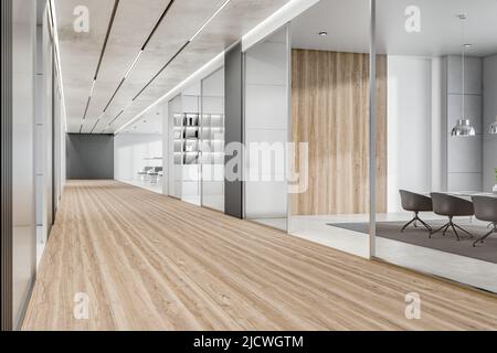 Side view on light spacious office hall with modern minimalistic interior design, decorated wooden walls and floor and glass transparent walls. 3D ren Stock Photo
