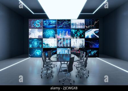 Conference room with black meeting table and chairs and lots of screens showing financial market data, investing indicators and trading concept. 3D re Stock Photo