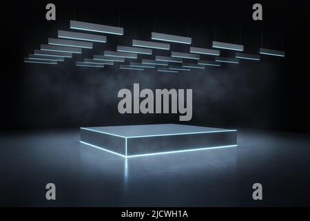 Side view on blank black illuminated podium with place for car presentation in dark empty area with metallic lights on top and scattered light with fo Stock Photo