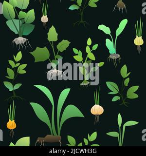 Seedling garden plants with roots. Sowing agricultural material. Seamless pattern. Vector Stock Vector