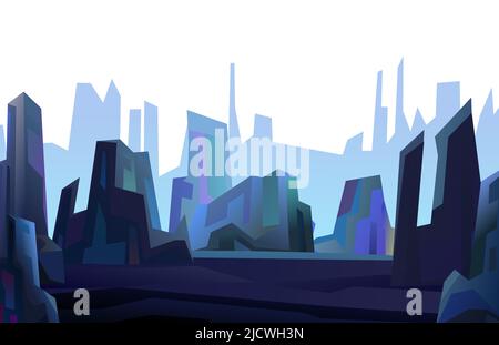Rocks cliffs landscape. Night scenery in mountains. Dark twilight and dusk. Cartoon flat style. Isolated on white background. Vector Stock Vector