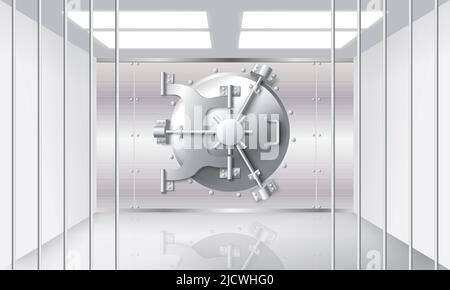 Bank safe in bunker room vector illustration. Open protective metal grilled gate and closed steel door under lock. Secure finance and treasure storage Stock Vector