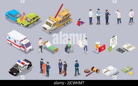 Car accident isometric vector set of icons Stock Vector