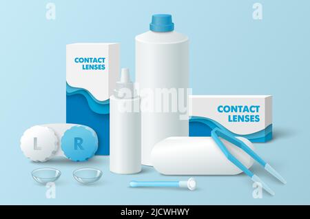 Contact lenses, container and solution bottle Stock Vector
