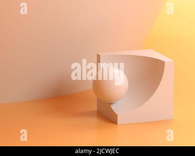 Abstract minimal still life installation, white sphere in spherical cut sector of a cube. 3d rendering illustration Stock Photo