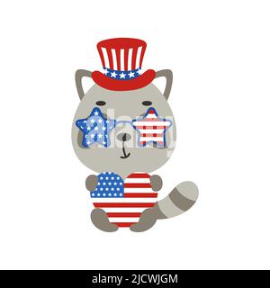 Cute little raccoon holding heart in USA patriotic hat and glasses. Cartoon animal character for kids t-shirt, decoration, baby shower, greeting card, Stock Vector