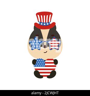 Cute little badger holding heart in USA patriotic hat and glasses. Cartoon animal character for kids t-shirt, decoration, baby shower, greeting card, Stock Vector