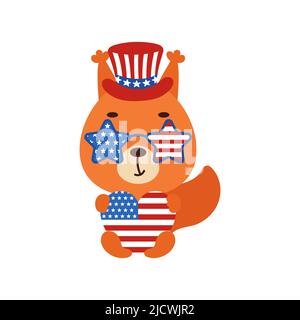 Cute little squirrel holding heart in USA patriotic hat and glasses. Cartoon animal character for kids t-shirt, decoration, baby shower, greeting card Stock Vector