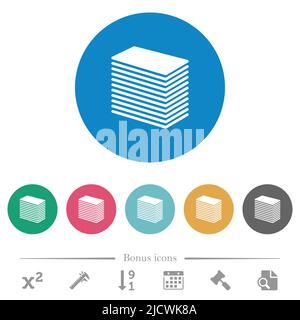 Paper stack solid flat white icons on round color backgrounds. 6 bonus icons included. Stock Vector
