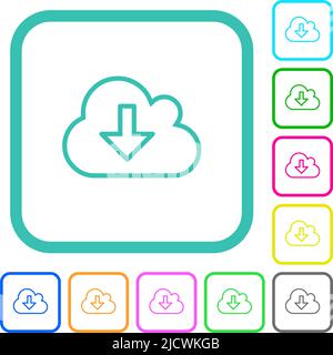 Cloud download outline vivid colored flat icons in curved borders on white background Stock Vector