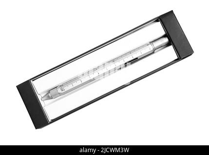 Multifunctional aluminum pen with ruler, bubble level and built-in screwdriver in a gift box isolated on white. Stock Photo